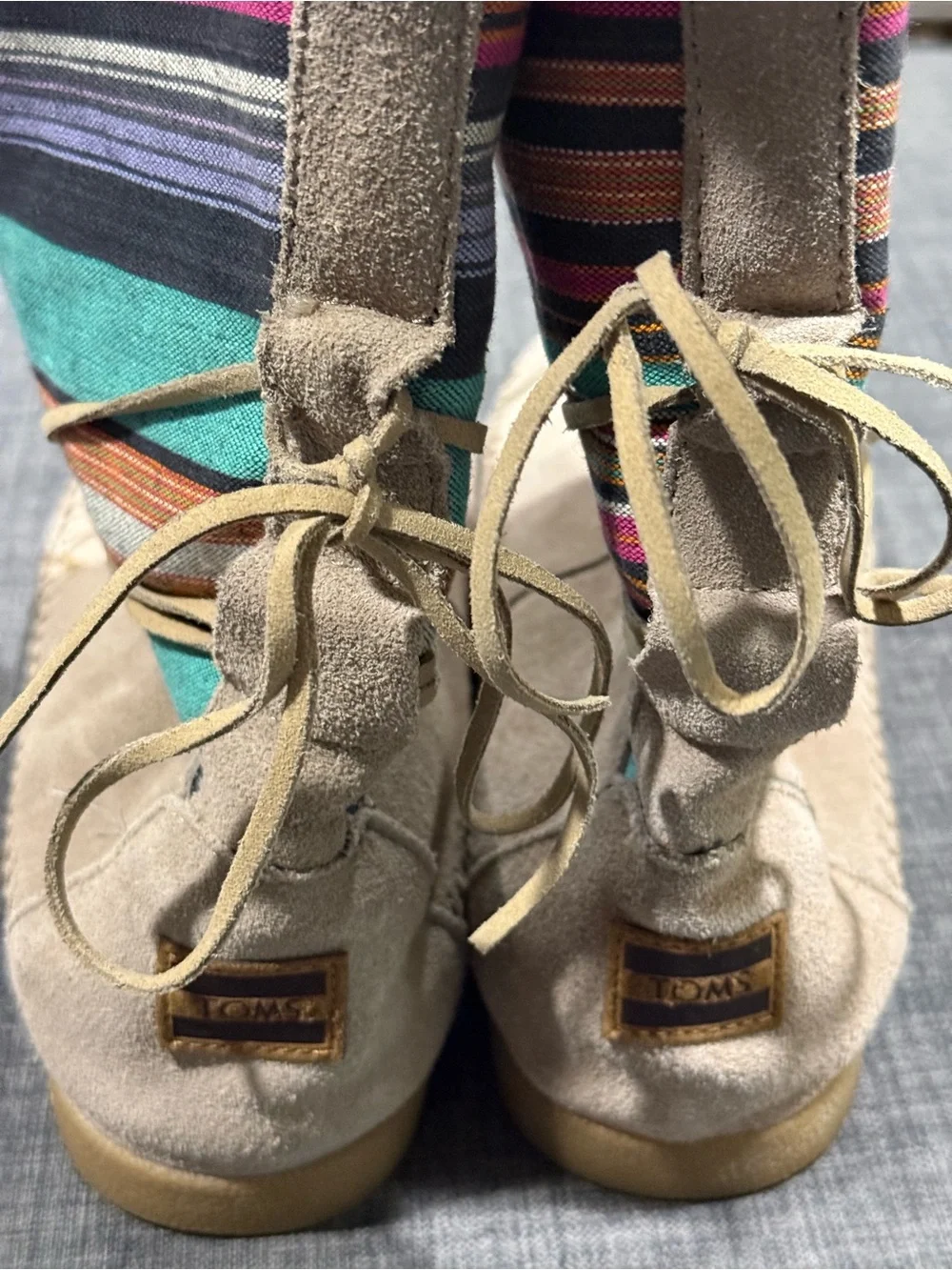 Toms Beige Suede Ankle Boots with Multicolor Striped Shaft